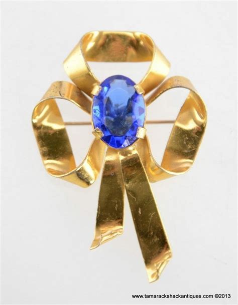 Sterling Gold Toned Bow W Large Blue Rhinestone Pin Brooch G Marked