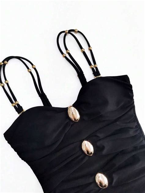 Sexy One Piece Swimsuit Color Blocking Halter Bikini With Metal Clasp