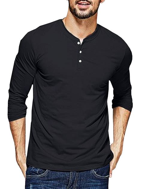 Mens Henley T Shirts Long Sleeve Crew Neck With Button Slim Fit Plain