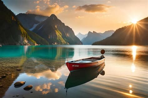 Premium Photo A Boat In A Lake With Mountains In The Background