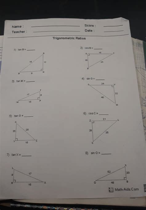 Trigonometric Ratios Worksheet Answers - Wordworksheet.com