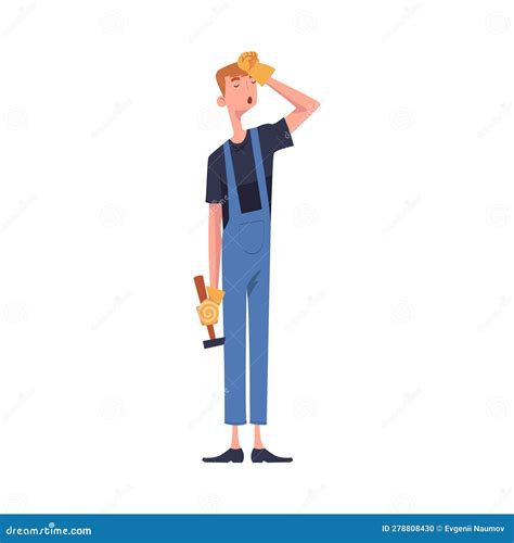 Tired Man Construction Worker Character Standing with Hammer Engaged in