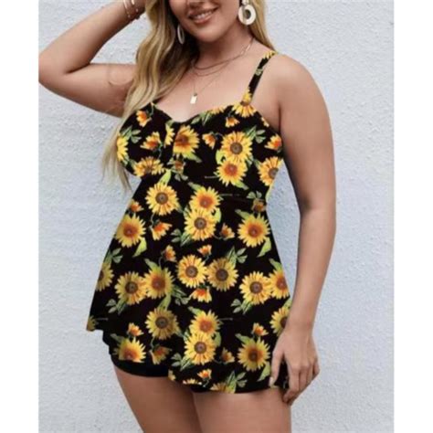 Plus Size Floral Print Swim Dress With Shorts Yellow Print Plus Curvves