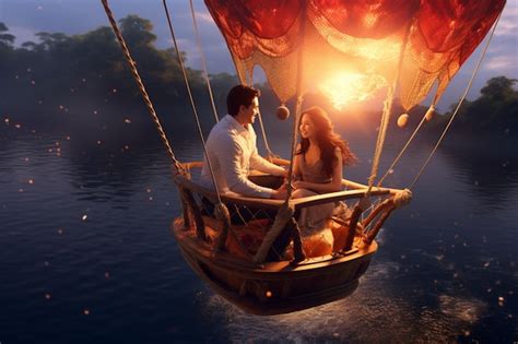 Premium Photo Asian Couple On A Romantic Hot Air Balloon Ride Generative Ai