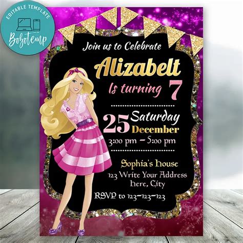 Editable Barbie Birthday Invitations Instant Download Createpartylabels