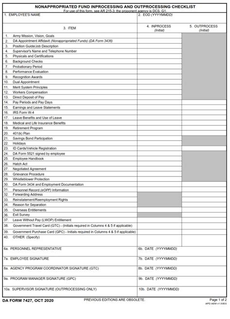 DA Form 7427 Nonappropriated Fund Inprocessing And Outprocessing