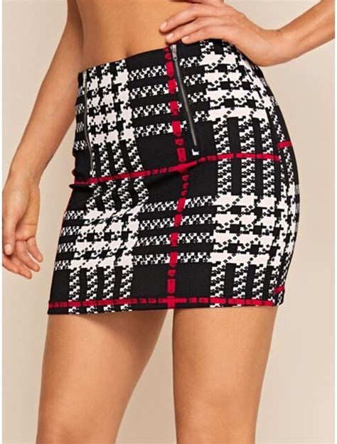 Buy Shein Zipper Front Plaid Bodycon Skirt Online Topofstyle