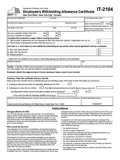 Fillable Online Form It 2104 Employees Withholding Allowance