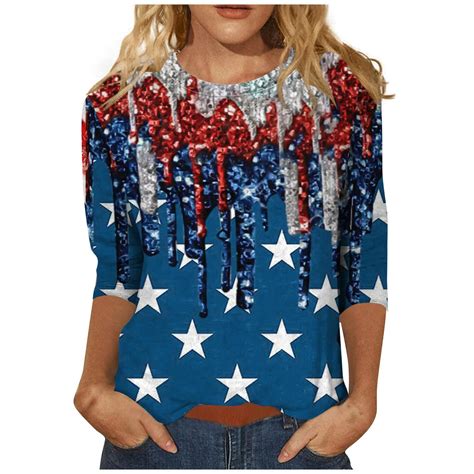 Gipqjk 4th Of July Womens American Flag 34 Sleeve Shirt Summer Usa Flag T Shirt Cute Graphic