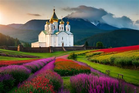 Premium AI Image A Church In A Field Of Flowers With A Mountain In