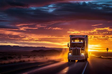 Premium Photo Semi Truck Driving On Highway At Sunset