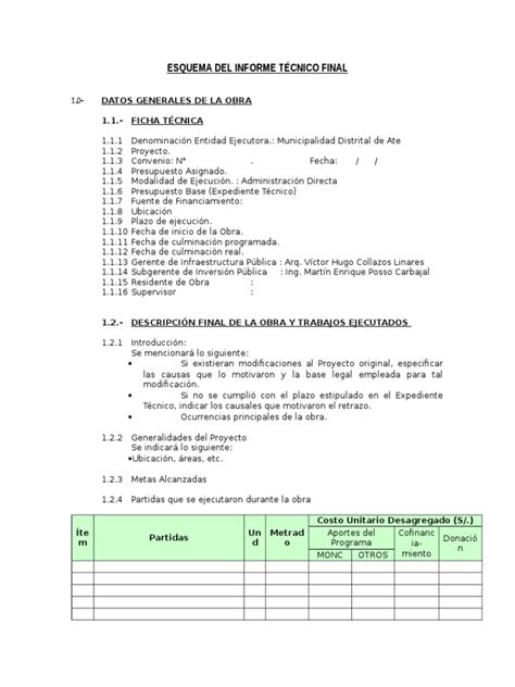 Esquema Del Informe Técnico Final Presupuesto Economias