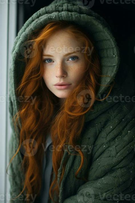 Portrait Of A Redhead Girl In A Green Hooded Jacket Generative Ai