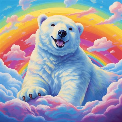 Pintura De Un Oso Polar Sentado En Una Nube Con Un Arco Iris De Fondo