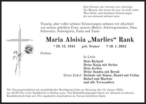 Traueranzeigen Von Maria Aloisia Rank Trauer Flz De