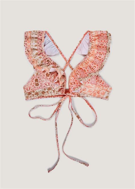 Coral Paisley Frill Cross Over Bikini Top Womens