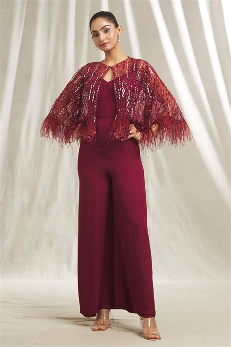 Buy Red Tulle Hand Embroidered Cut Dana Cape Sequin And Jumpsuit Set