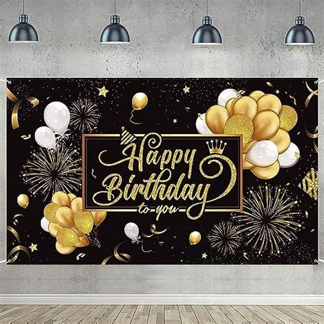 Happy Birthday Backdrop Banner Black Gold Balloon Star Fireworks Photo Background