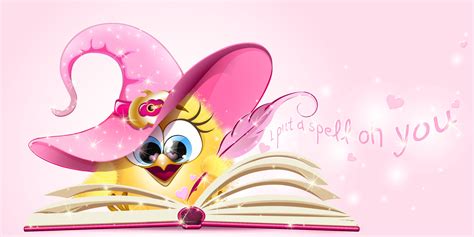 Cute cartoon chick in pink witch hat writes a love spell in a pink ...