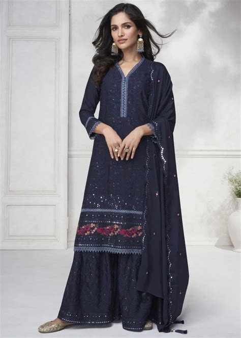 Embroidered Dark Blue Chinon Silk Sharara Suit Urban Womania