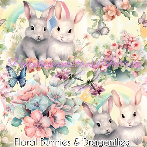 Floral Bunnies Dragonflies Cotton Lycra Purpleseamstress Fabric