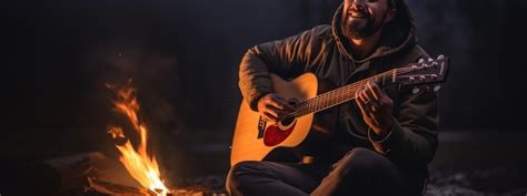 El Hombre Canta Y Toca La Guitarra Sentado Junto Al Fuego En La