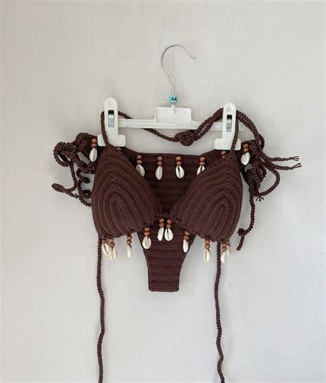 Crochet Bikini Set Brown Bikini Color Sea Shells Bikini Women Swimwear Crochet Bikini