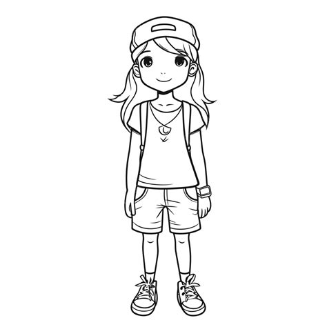 Girl With Shorts And Hat And A Hat Coloring Page Outline Sketch Drawing ...