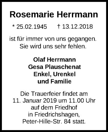 Traueranzeigen von Rosemarie Herrmann Märkische Onlinezeitung