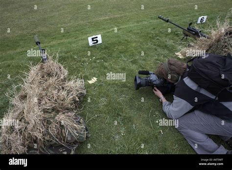 British Army Infantry soldiers demonstrate their newest L115A3 sniper rifle on firing ranges to ...