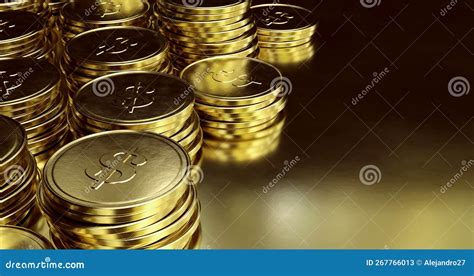 Many Gold Coins Stacked Over Golden Background 3d Render Image Stock