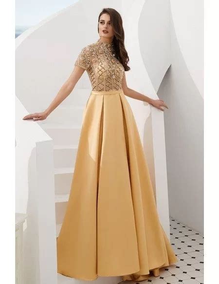 Gorgeous Long Gold Formal Prom Dress With Beading Sleeves F005c