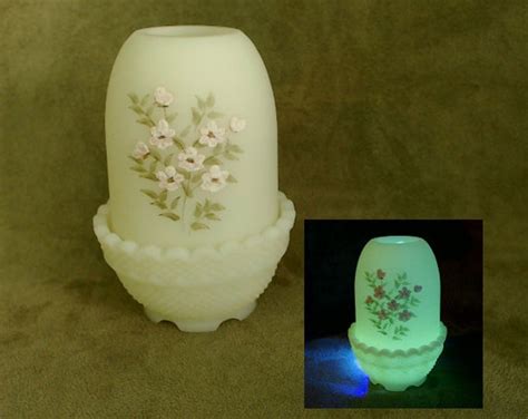 Vintage Fenton Custard Glass Fairy Lamp Artist Signed Hand Painted