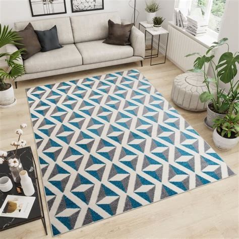 TAPISO Maroko Tapis De Salon Design Moderne Gris Bleu Blanc Motif 3D