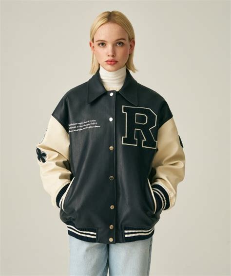 Musinsa Lady Volume Unisex Varsity Leather Jacket Navy