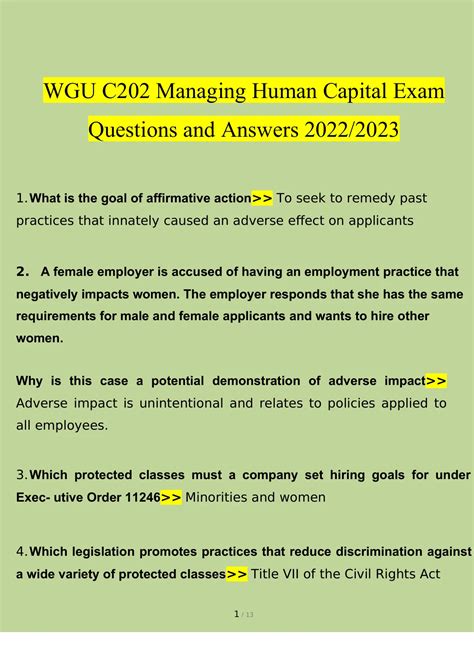 WGU C202 Managing Human Capital Exam Questions And Answers 2022 2023