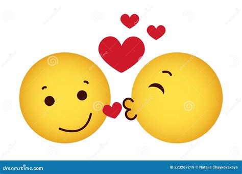 Emoticons In Love Set Collection Of Yellow Cartoon Emoji With Hearts