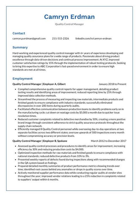 Quality Control Manager Resume CV Example And Writing Guide