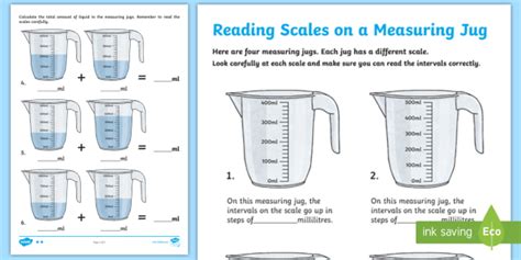 Ks2 Maths Reading Scales On A Measuring Jug Differentiated Worksheets