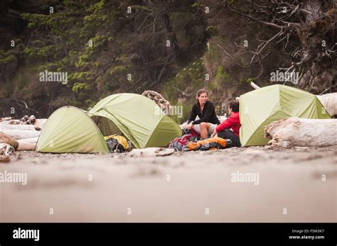 Campers On Second Beach Olympic National Park Washington Usa Stock