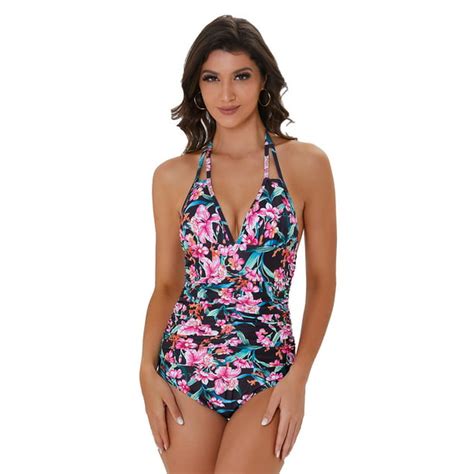 Liora Womens Halter One Piece Swimsuits V Neck Bathing Suit Ruched