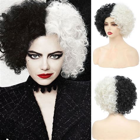 Clione Black And White Wigs For Cruella Deville Costume Women Girls Short Curly Hair