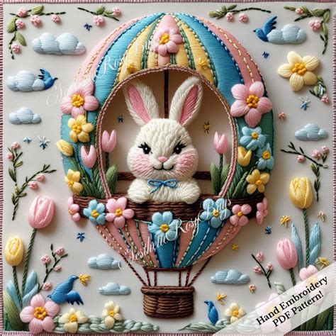 Easter Bunny Hot Air Balloon Hand Embroidery Patteren DIY Hand