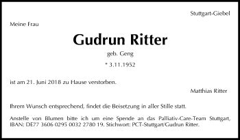 Traueranzeigen Von Gudrun Ritter Stuttgart Gedenkt De