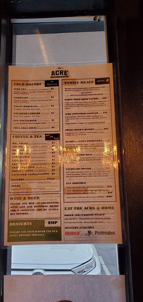 Menu at The Acre restaurant, Albuquerque
