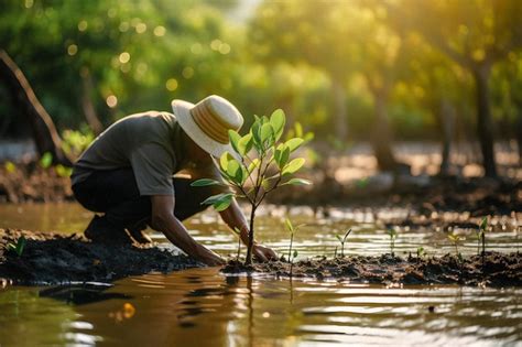 Plantando manguezais para a conservação do meio ambiente e restauração