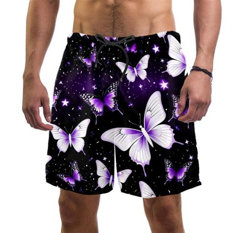 Mens Purple Butterflies Swim Trunks Quick Dry Board Shorts Bathing