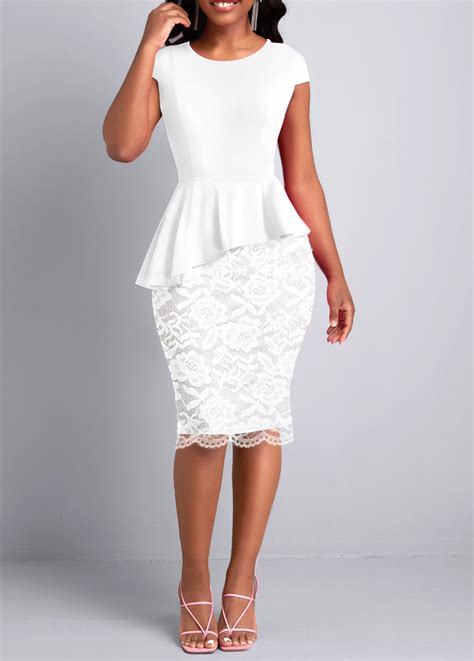 White Lace Short Sleeve Round Neck Bodycon Dress Modlily Cad