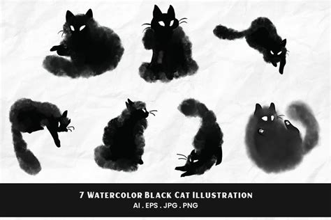 Watercolor Black Cat Illustration | 7 variations