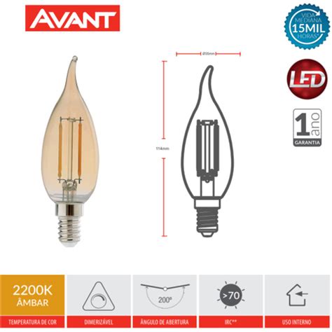 Lâmpada Led Retrô Vela Chama E14 2w 2200K Ambar 127v Avant no Shoptime